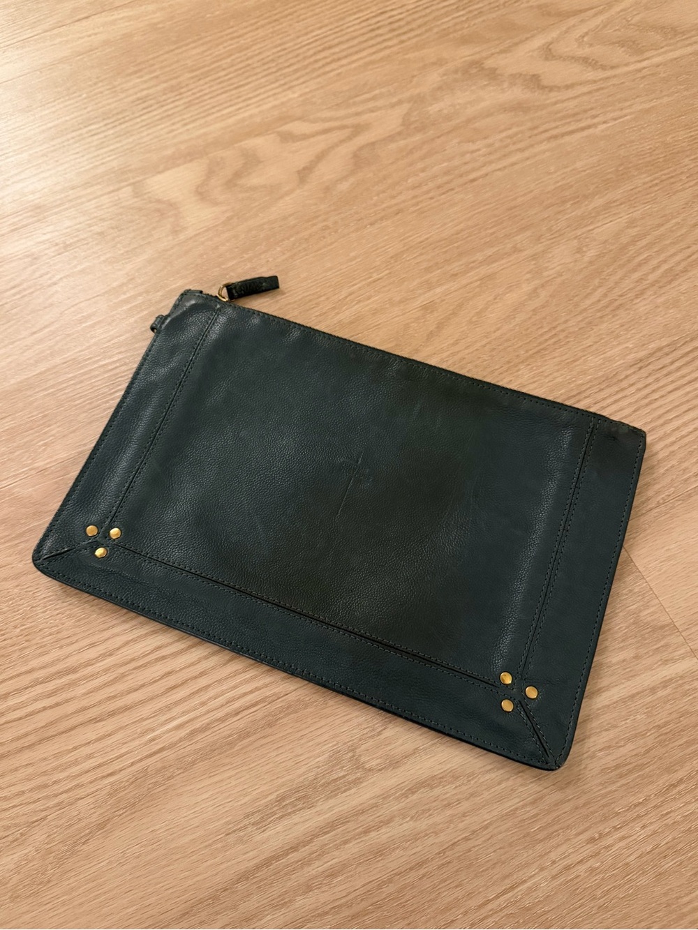 Jerome Dreyfuss Dark Green Leather Zip Clutch with Gold Studs